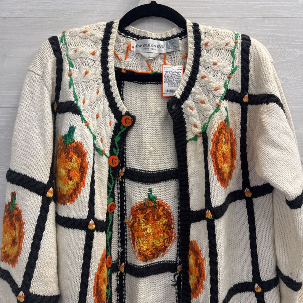 Vintage The Eagle's Eye White/ Multi Knit Pumpkin Cardigan Sweater Small
