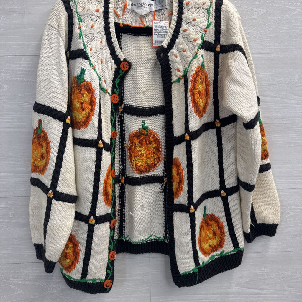 Vintage The Eagle's Eye White/ Multi Knit Pumpkin Cardigan Sweater Small