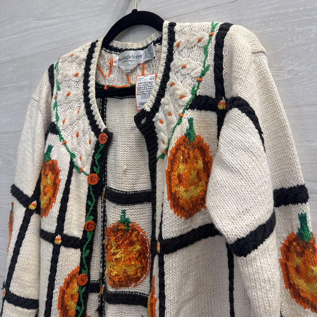 Vintage The Eagle's Eye White/ Multi Knit Pumpkin Cardigan Sweater Small