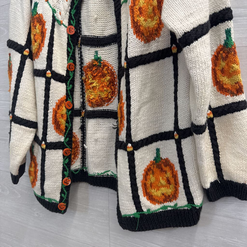 Vintage The Eagle's Eye White/ Multi Knit Pumpkin Cardigan Sweater Small