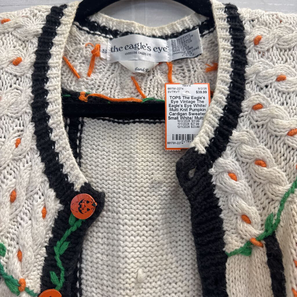 Vintage The Eagle's Eye White/ Multi Knit Pumpkin Cardigan Sweater Small