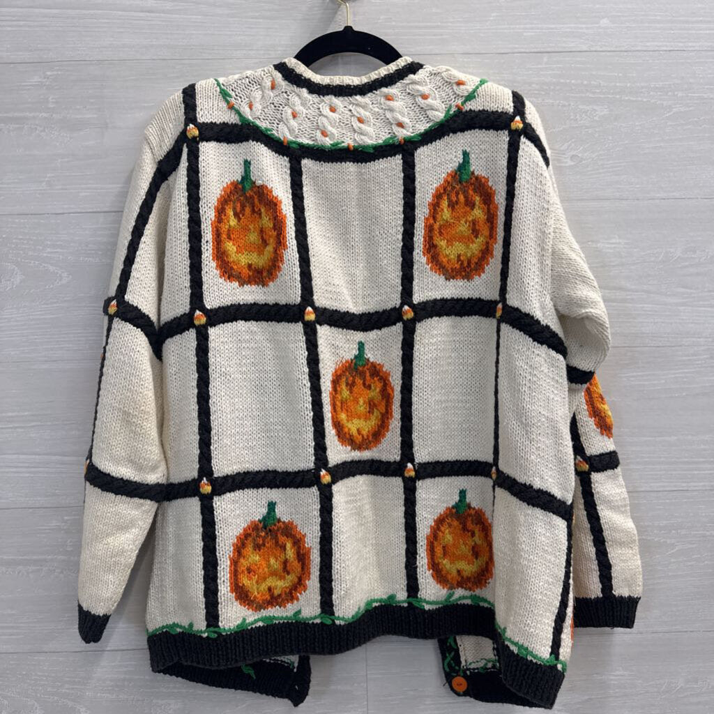 Vintage The Eagle's Eye White/ Multi Knit Pumpkin Cardigan Sweater Small