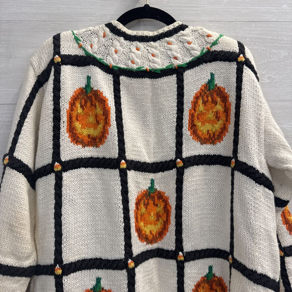 Vintage The Eagle's Eye White/ Multi Knit Pumpkin Cardigan Sweater Small