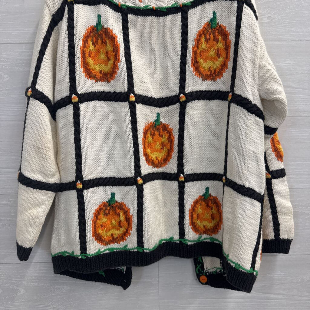 Vintage The Eagle's Eye White/ Multi Knit Pumpkin Cardigan Sweater Small