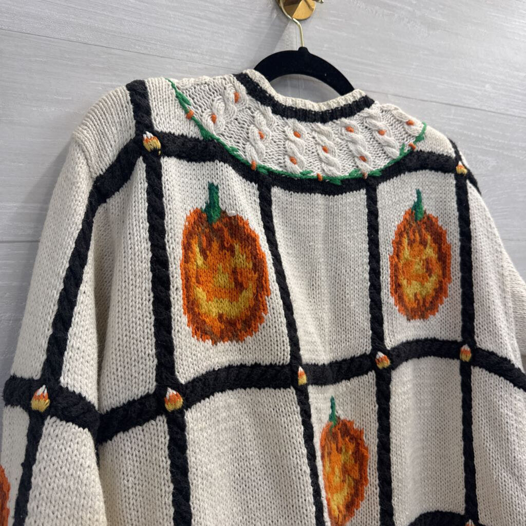 Vintage The Eagle's Eye White/ Multi Knit Pumpkin Cardigan Sweater Small