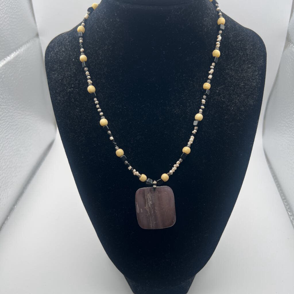 Black/ Cream Beaded/ Stone Pendant Necklace