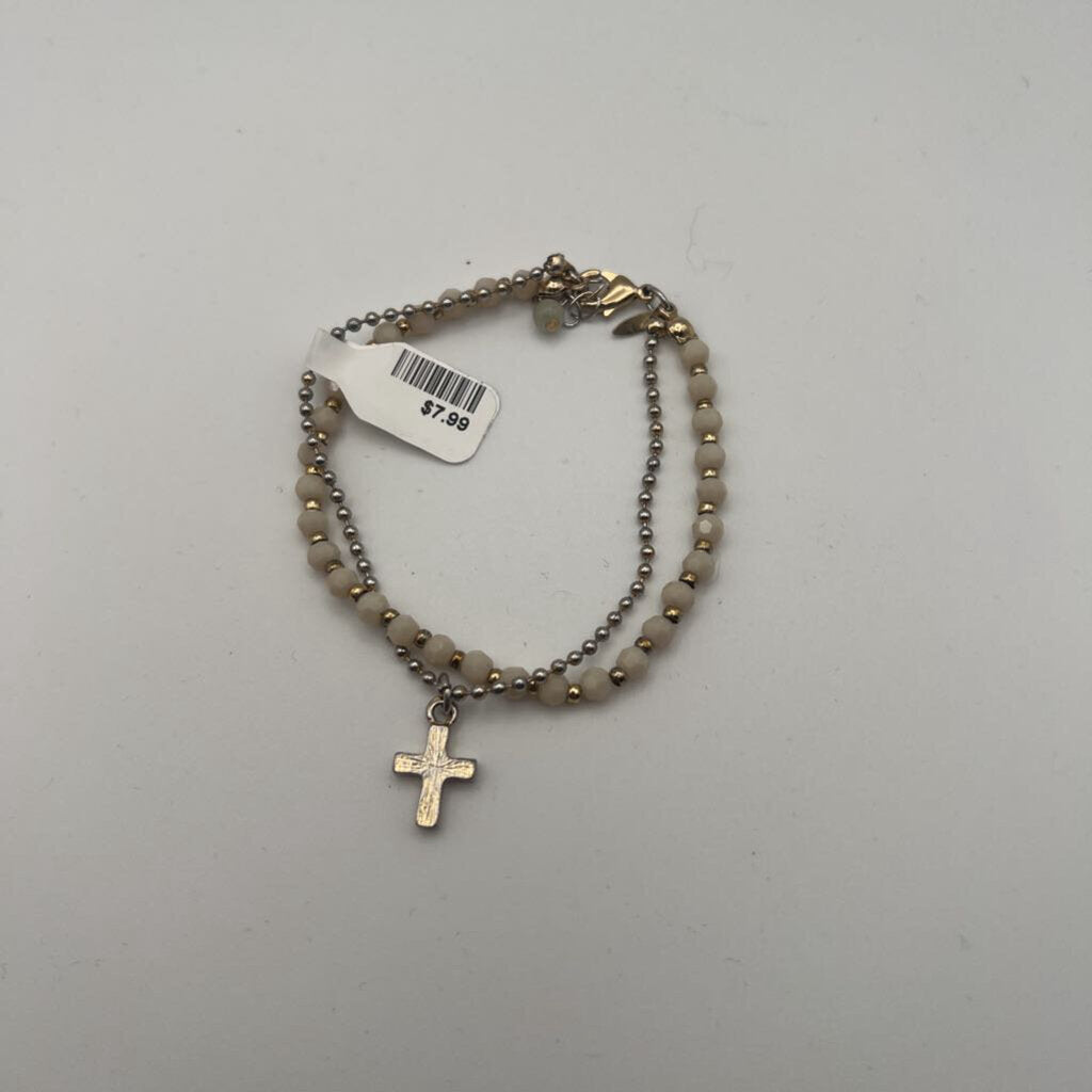Gold/ Silver/ White Beaded Layered Cross Bracelet
