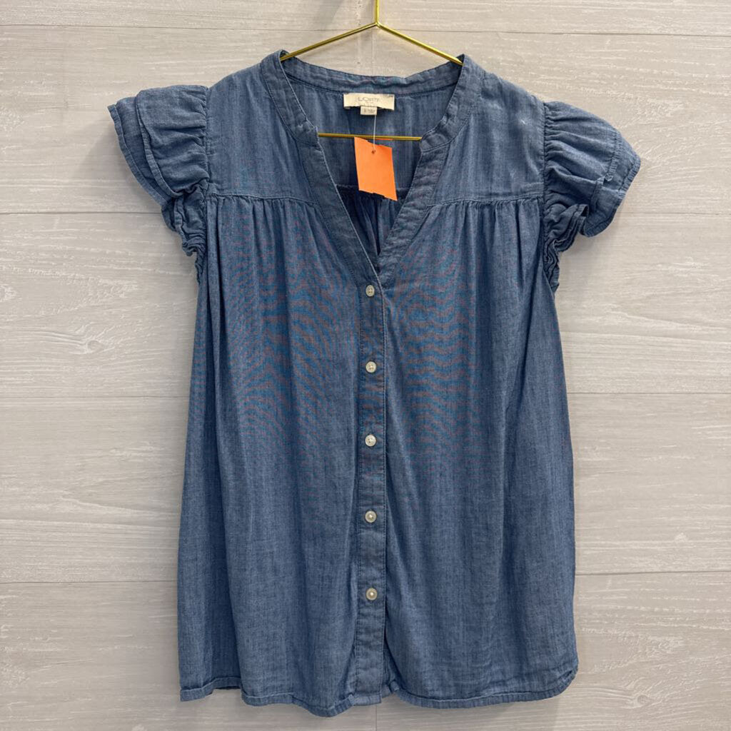 Loft Blue Chambray Short Sleeve Button Front Top Small