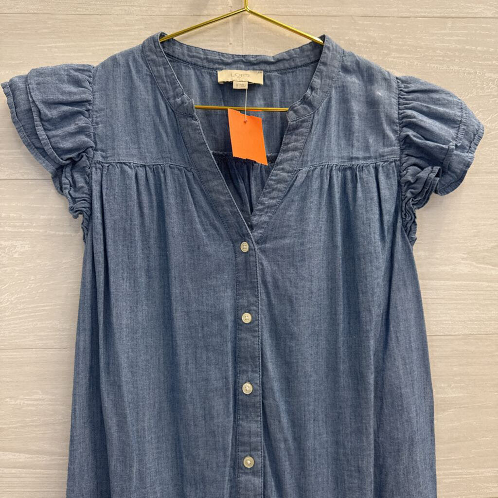 Loft Blue Chambray Short Sleeve Button Front Top Small