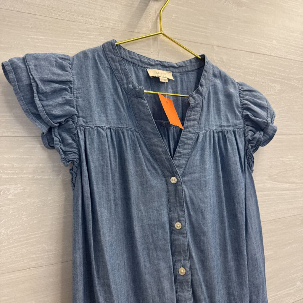 Loft Blue Chambray Short Sleeve Button Front Top Small