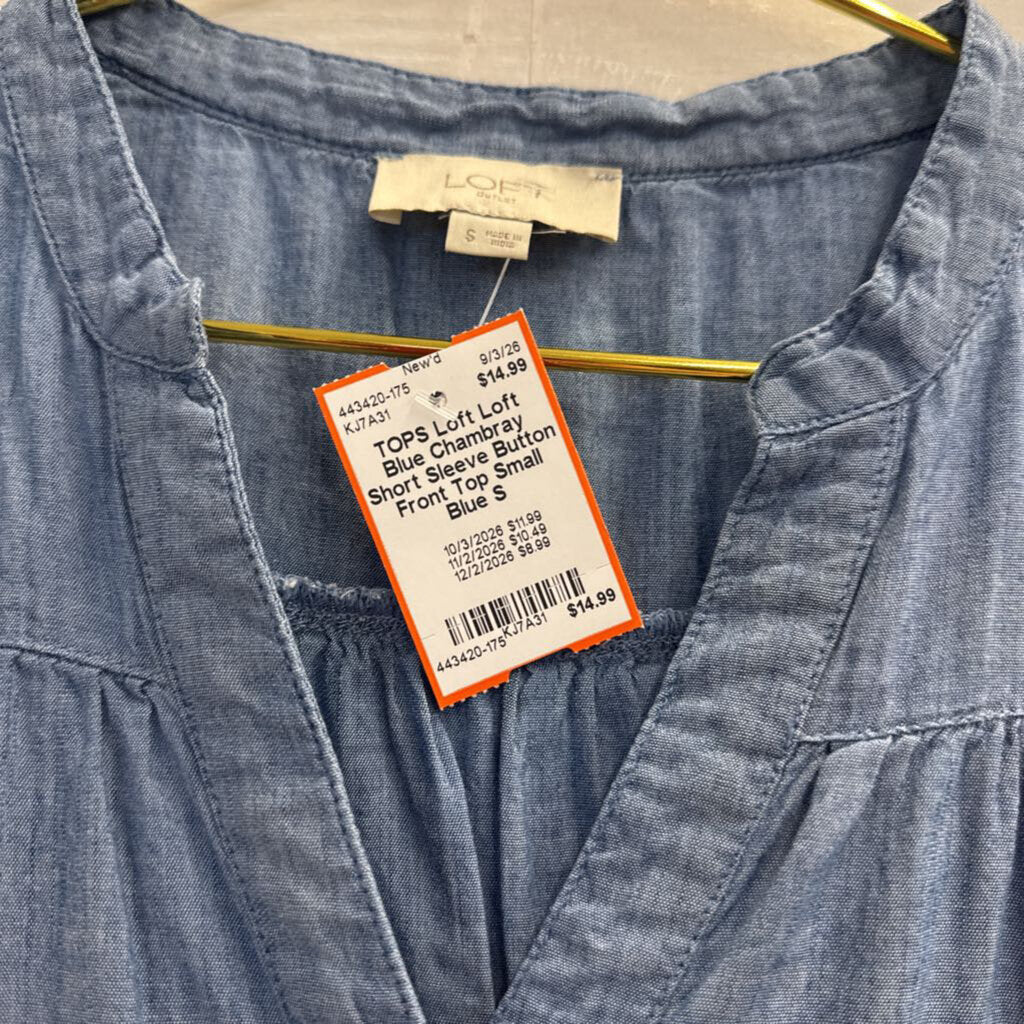 Loft Blue Chambray Short Sleeve Button Front Top Small