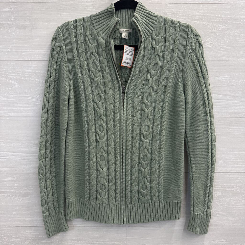 LL Bean Green Cable Knit Zip Up Sweater Small