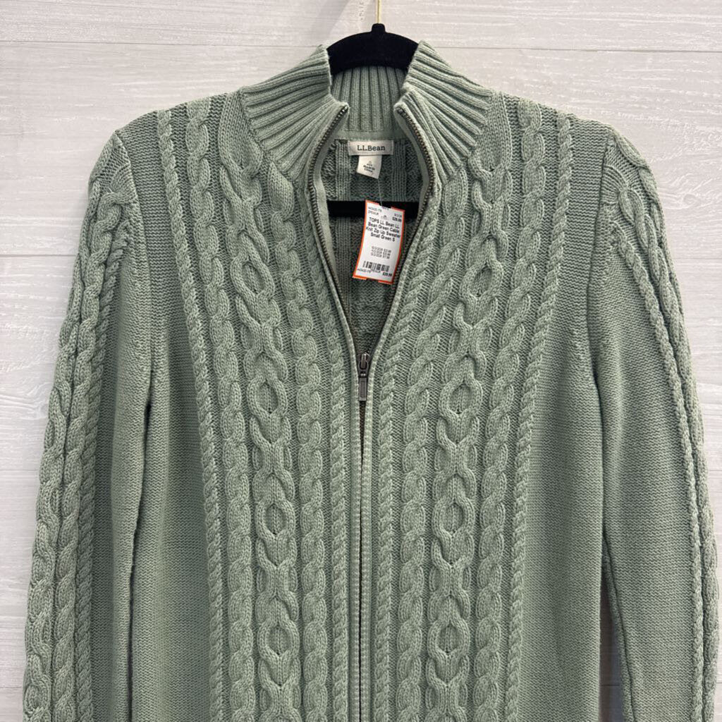 LL Bean Green Cable Knit Zip Up Sweater Small