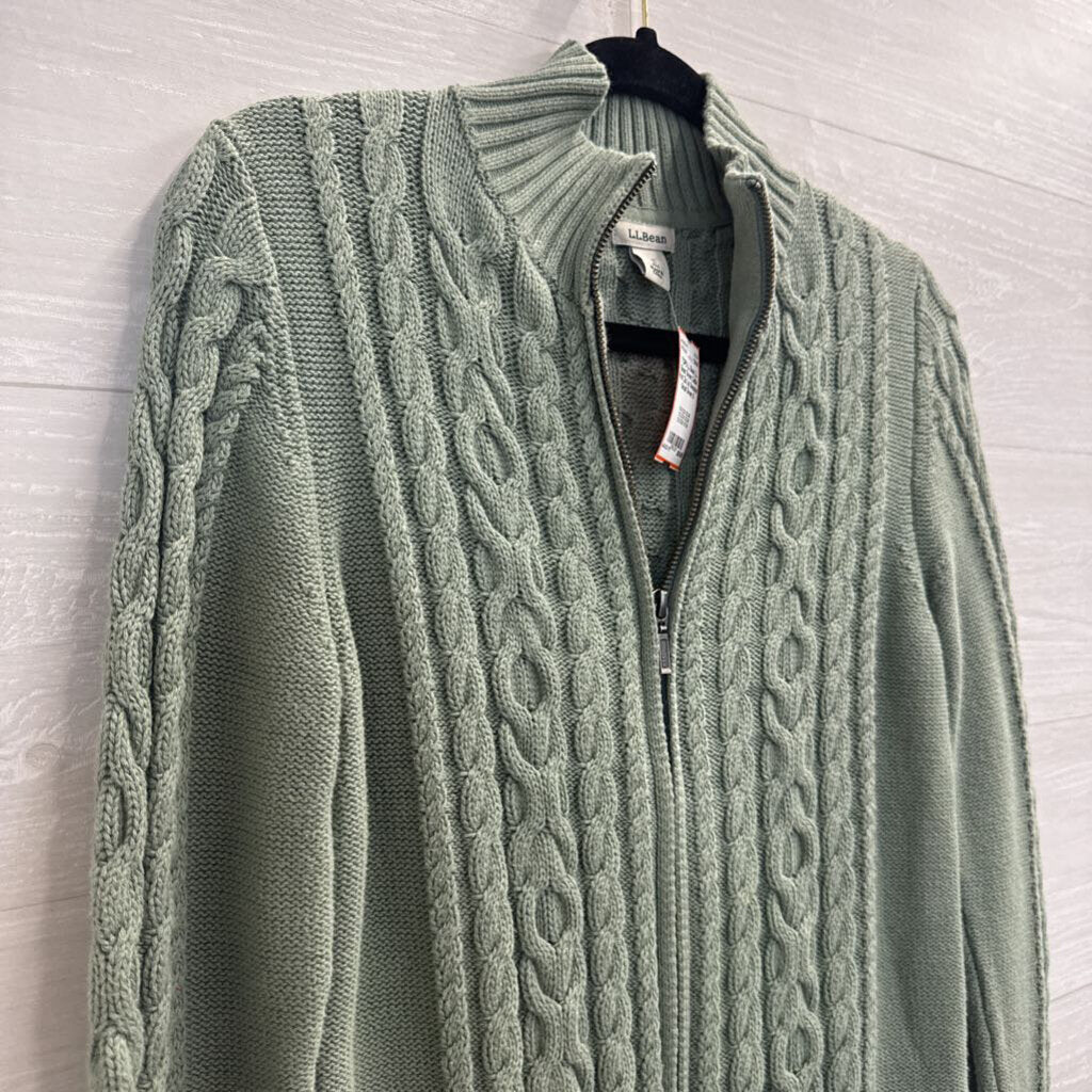 LL Bean Green Cable Knit Zip Up Sweater Small