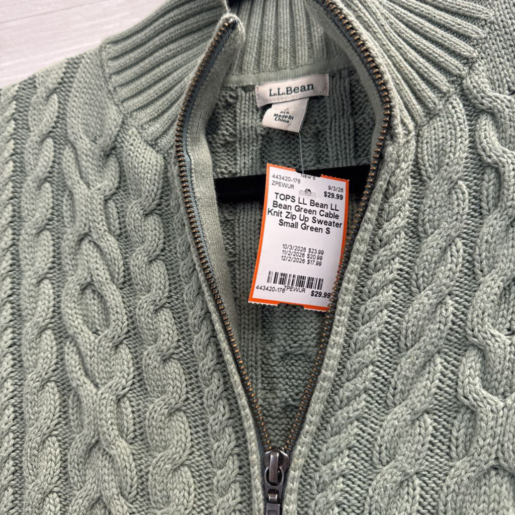 LL Bean Green Cable Knit Zip Up Sweater Small