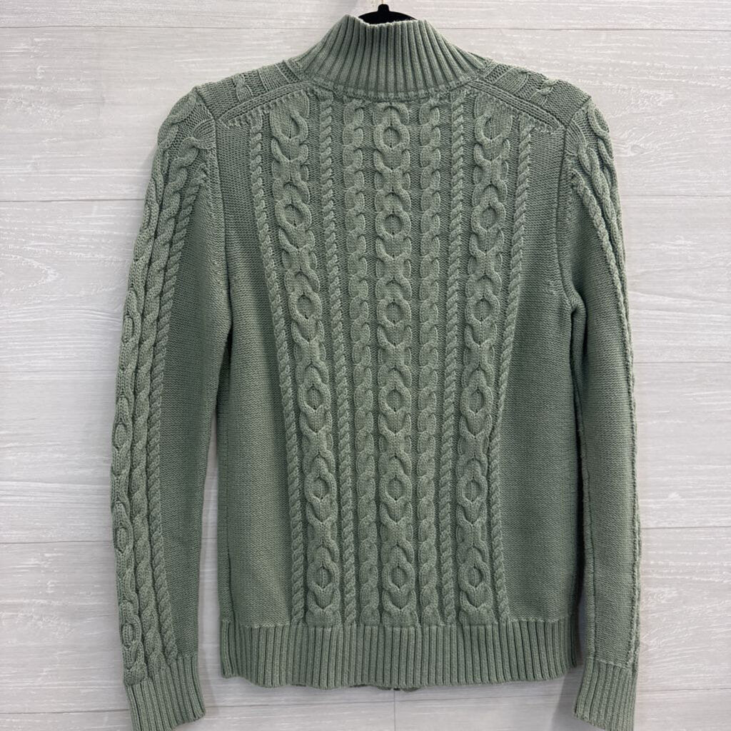 LL Bean Green Cable Knit Zip Up Sweater Small