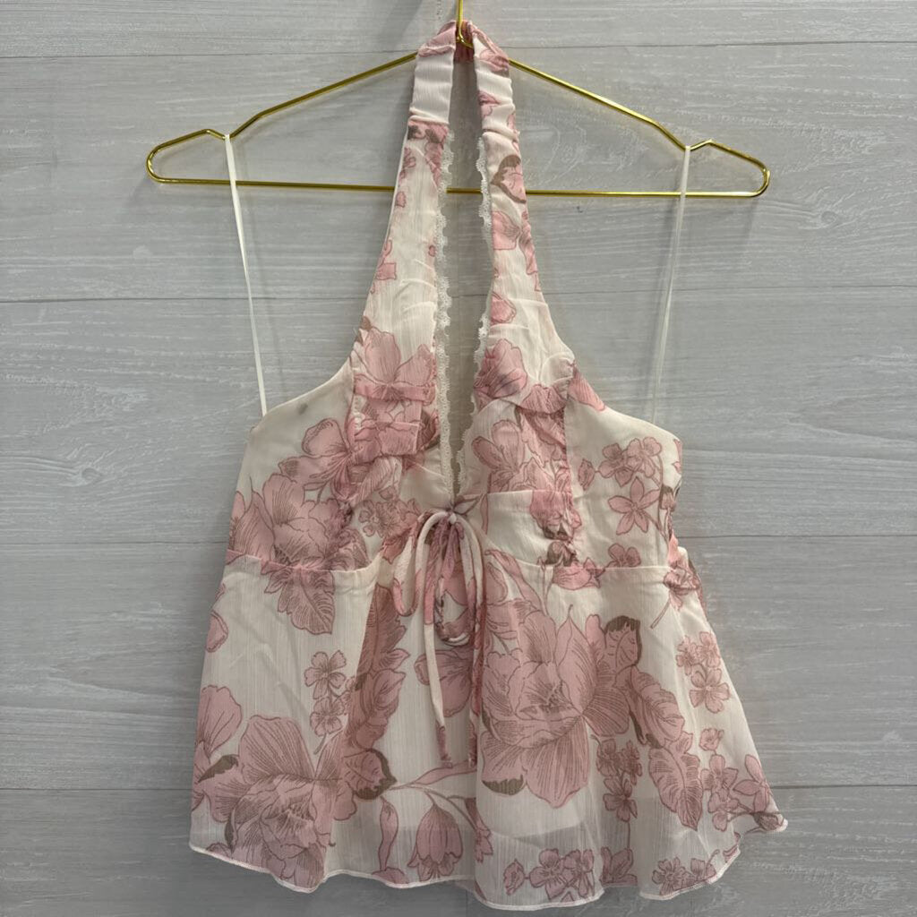Kirious White/ Pink Floral Print Cropped Halter Top Small
