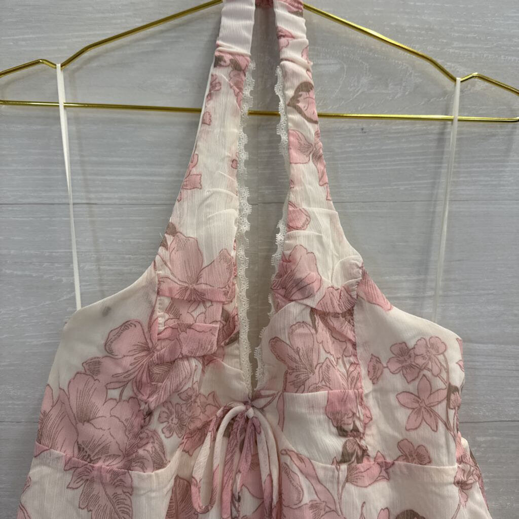 Kirious White/ Pink Floral Print Cropped Halter Top Small