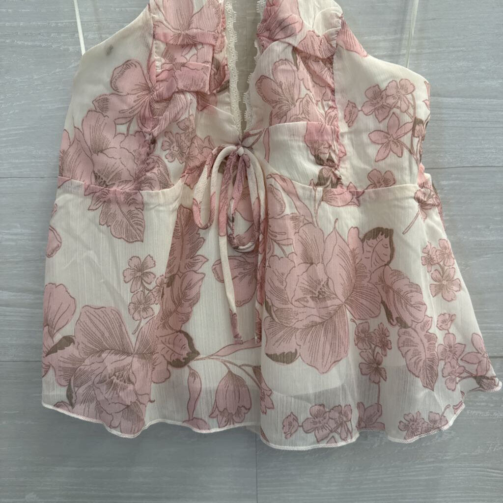 Kirious White/ Pink Floral Print Cropped Halter Top Small