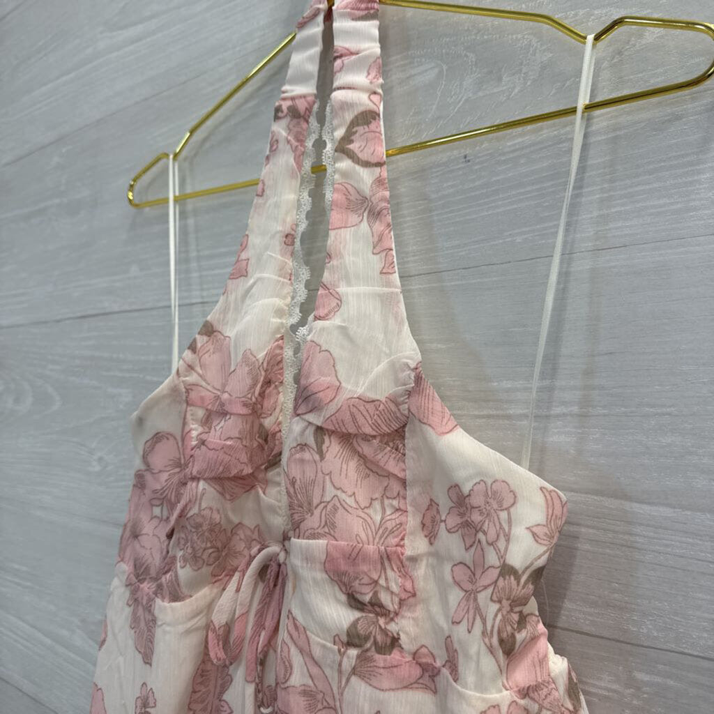 Kirious White/ Pink Floral Print Cropped Halter Top Small