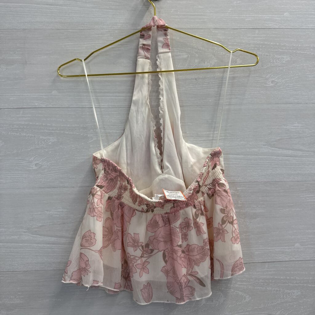 Kirious White/ Pink Floral Print Cropped Halter Top Small