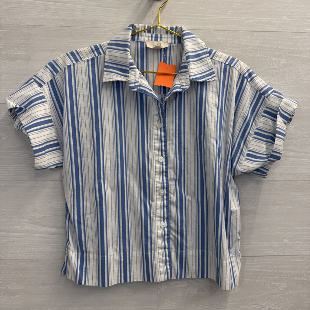 Loft White/ Blue Striped Cropped Short Sleeve Button Down Top Small