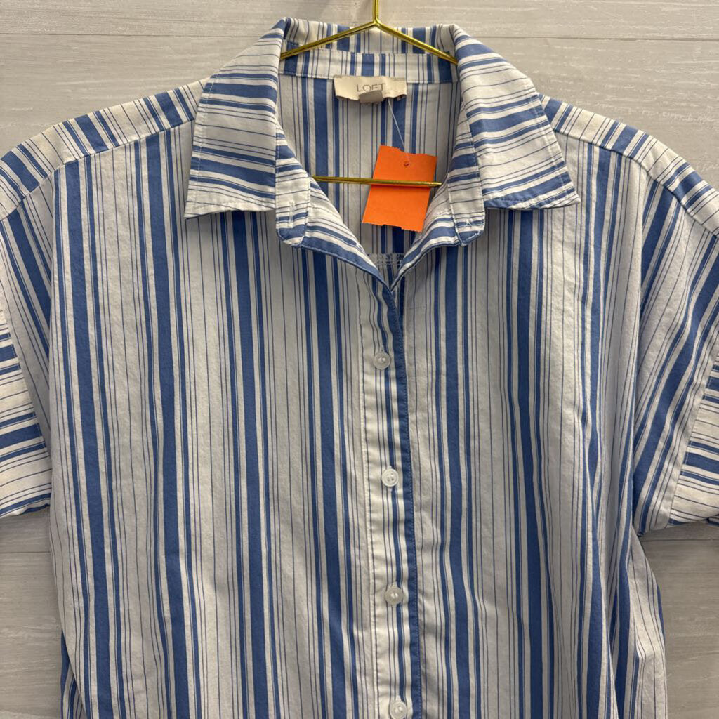 Loft White/ Blue Striped Cropped Short Sleeve Button Down Top Small