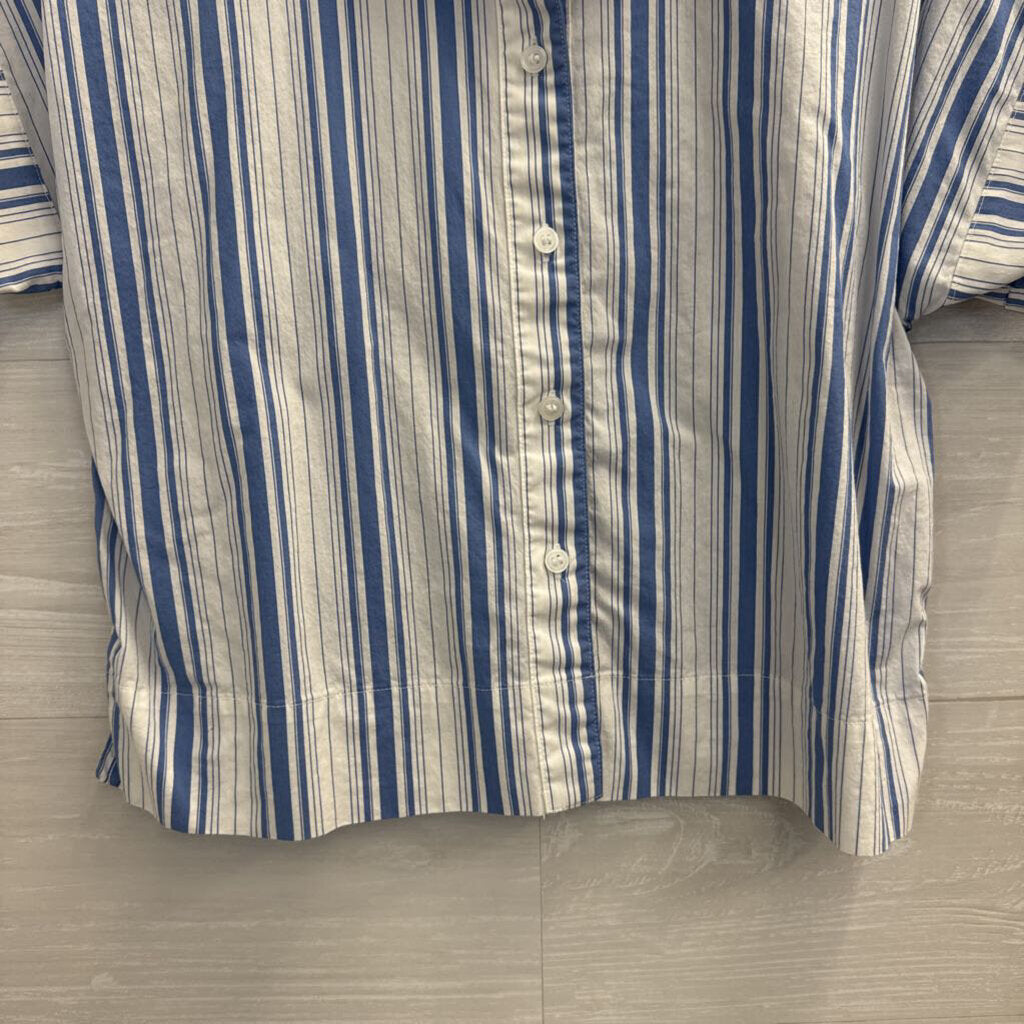 Loft White/ Blue Striped Cropped Short Sleeve Button Down Top Small