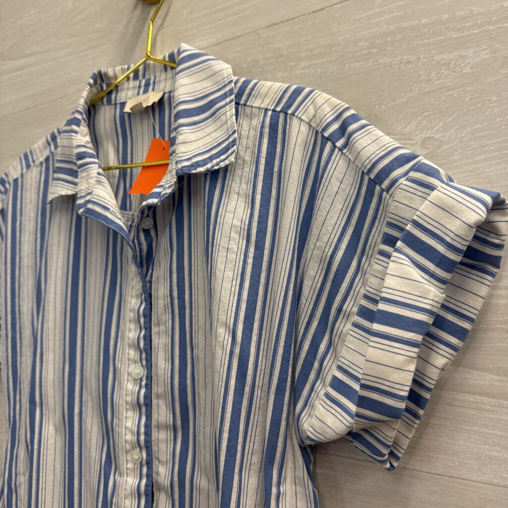 Loft White/ Blue Striped Cropped Short Sleeve Button Down Top Small