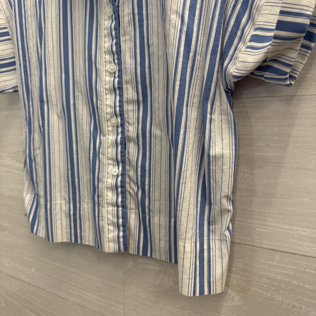 Loft White/ Blue Striped Cropped Short Sleeve Button Down Top Small