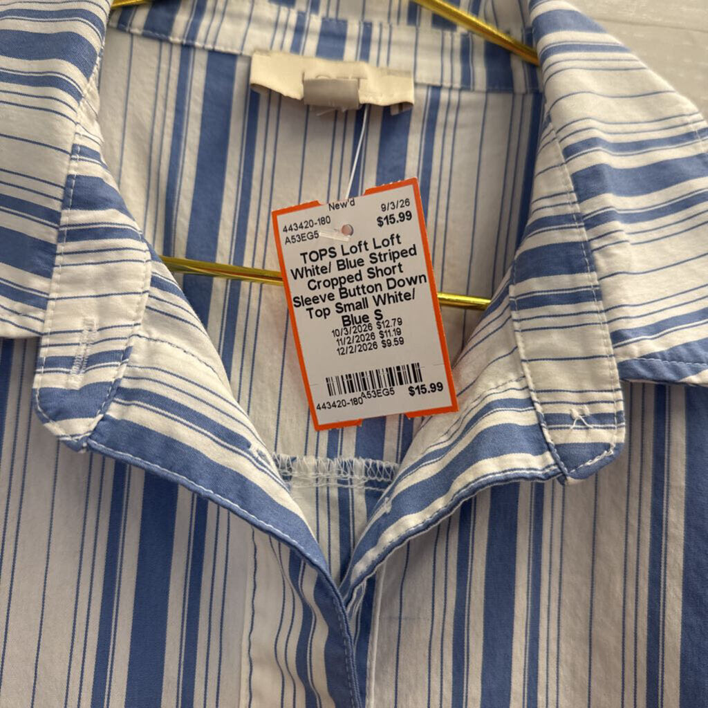 Loft White/ Blue Striped Cropped Short Sleeve Button Down Top Small