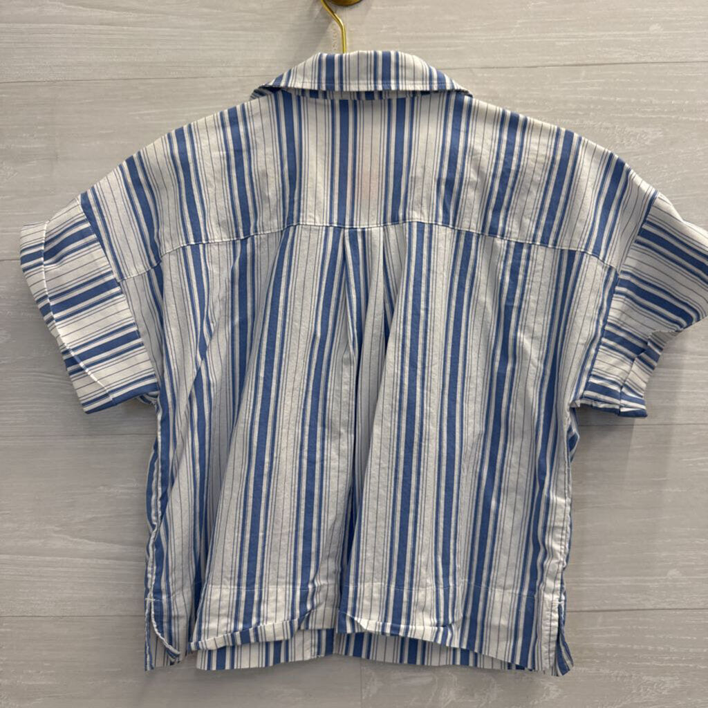 Loft White/ Blue Striped Cropped Short Sleeve Button Down Top Small