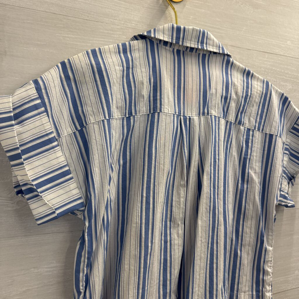Loft White/ Blue Striped Cropped Short Sleeve Button Down Top Small