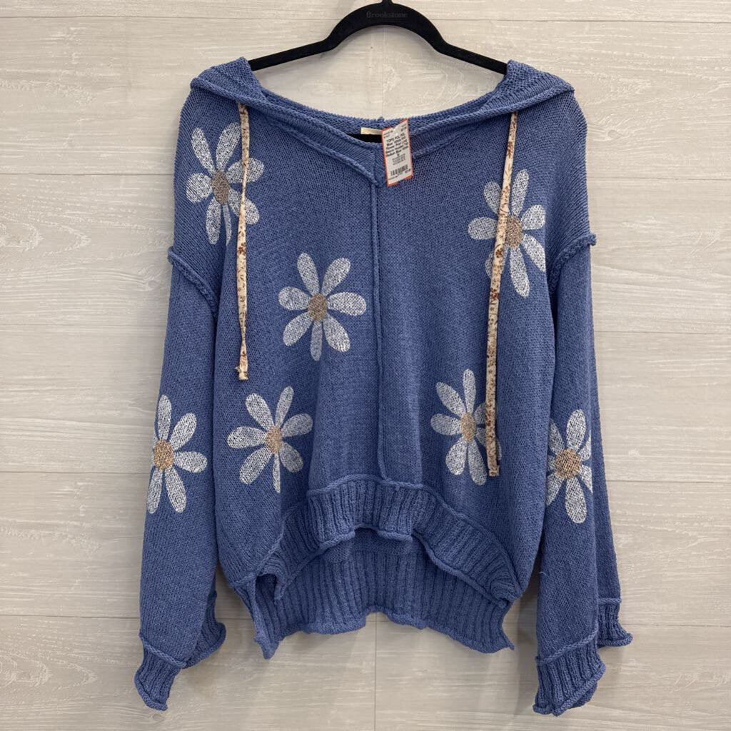 POL Blue/ White Knit Flower Print Long Sleeve Hooded Top Medium