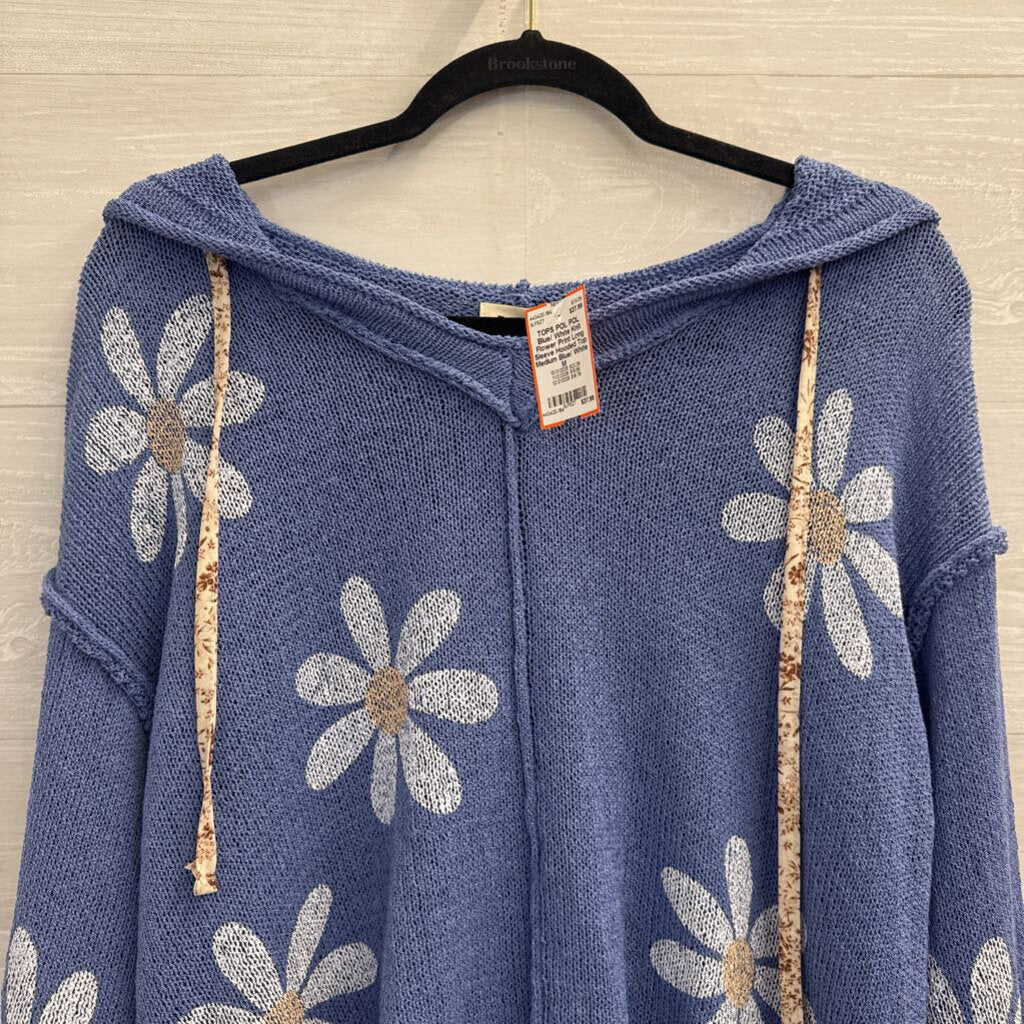 POL Blue/ White Knit Flower Print Long Sleeve Hooded Top Medium