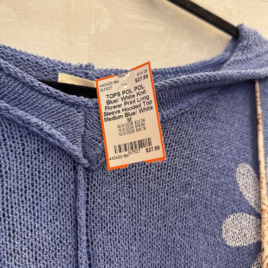 POL Blue/ White Knit Flower Print Long Sleeve Hooded Top Medium