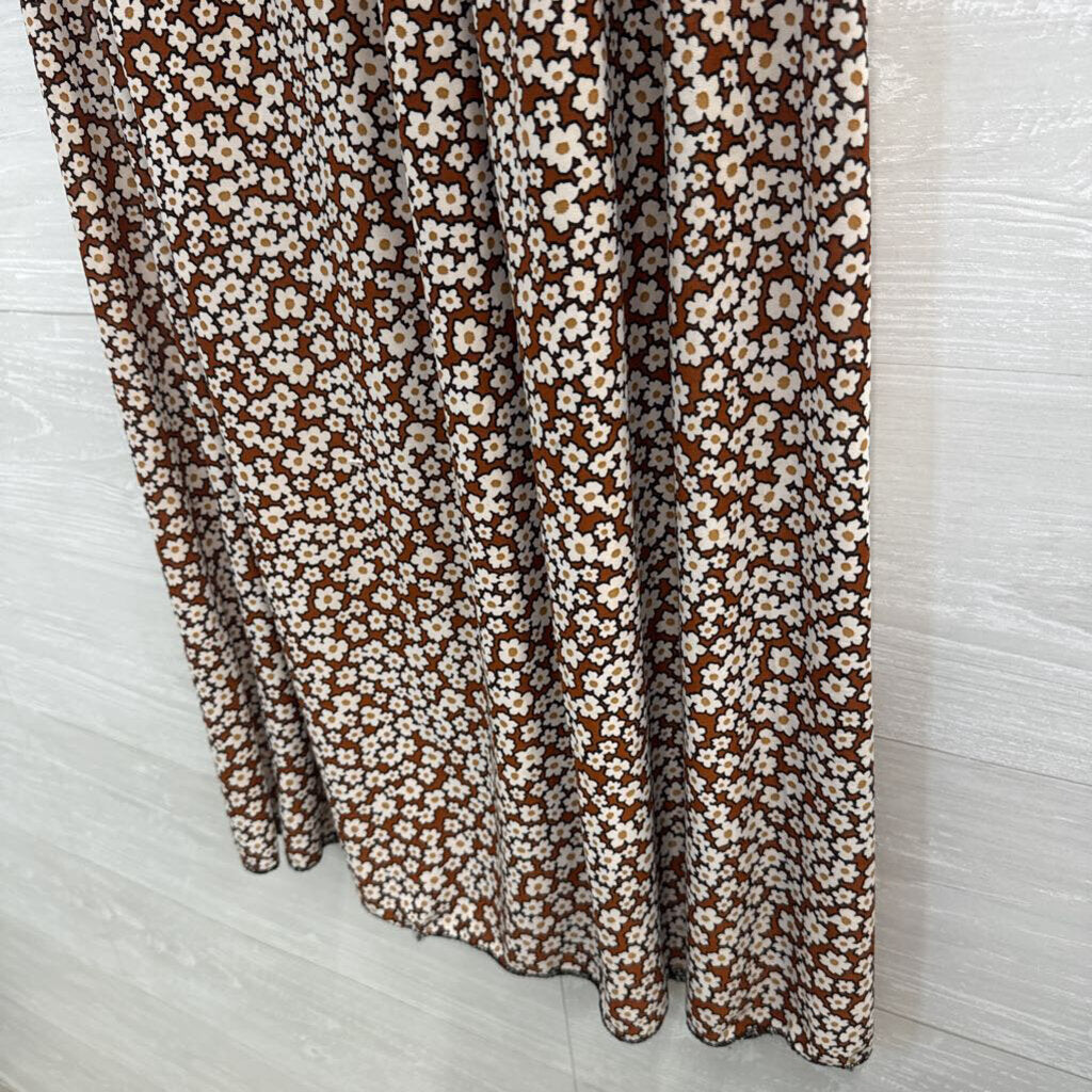 Brown/ White Flower Print Maxi Skirt Medium