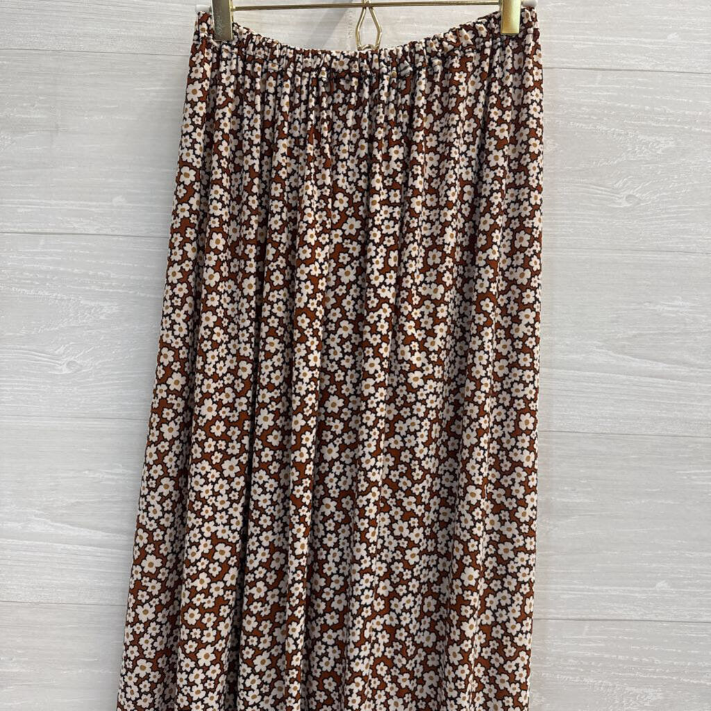Brown/ White Flower Print Maxi Skirt Medium