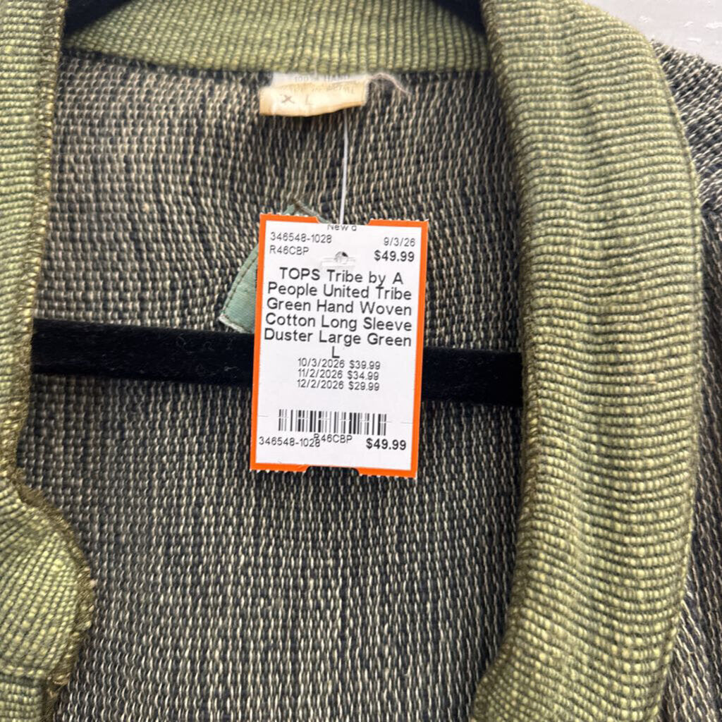 Tribe Green Hand Woven Cotton Long Sleeve Duster Large