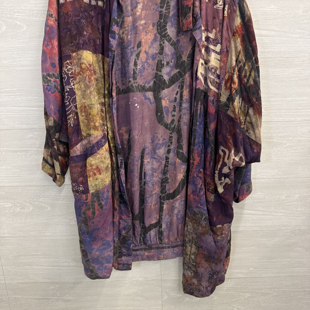 Exotic Purple/ Multi Print Long Sleeve Open Front Top One Size