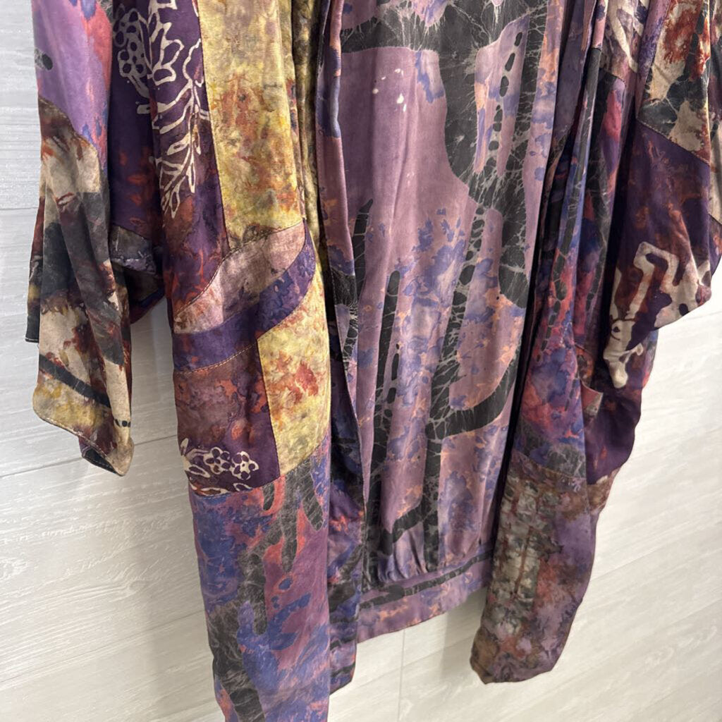 Exotic Purple/ Multi Print Long Sleeve Open Front Top One Size