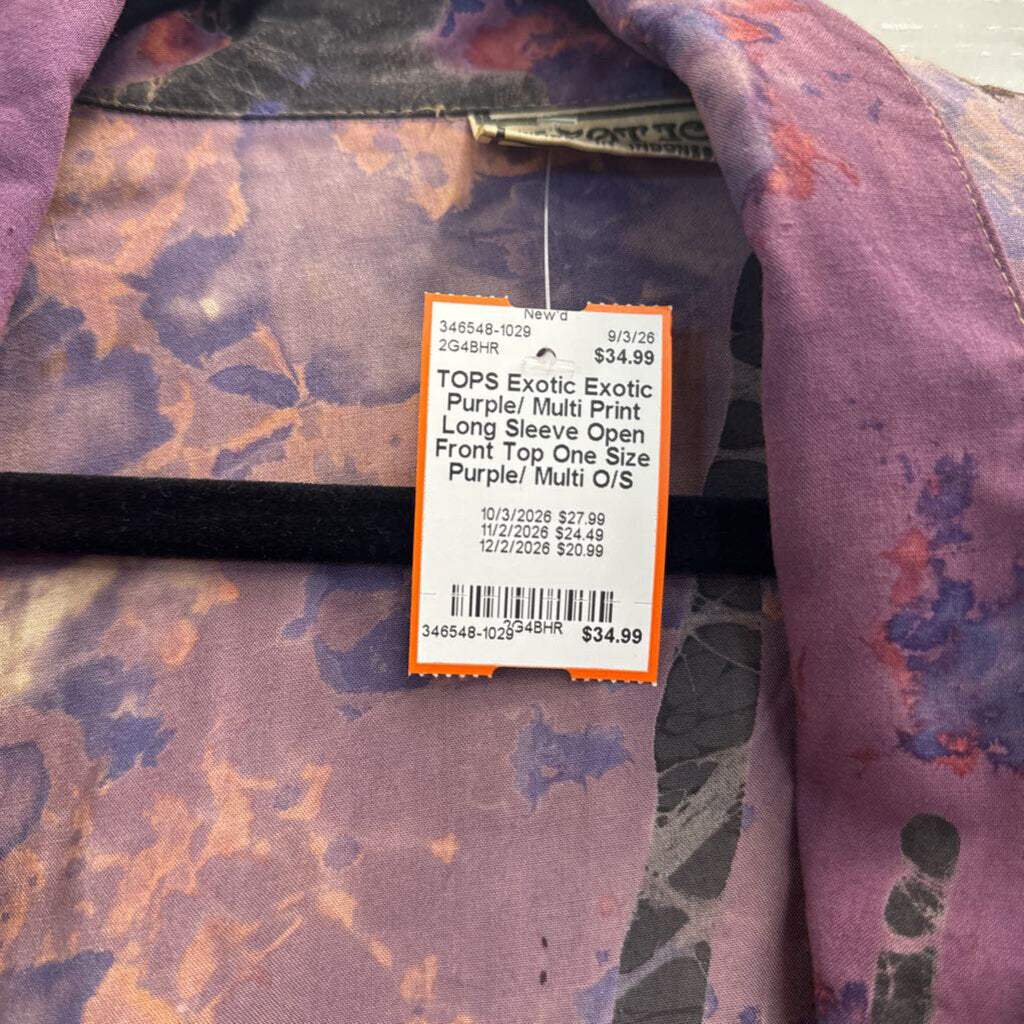 Exotic Purple/ Multi Print Long Sleeve Open Front Top One Size