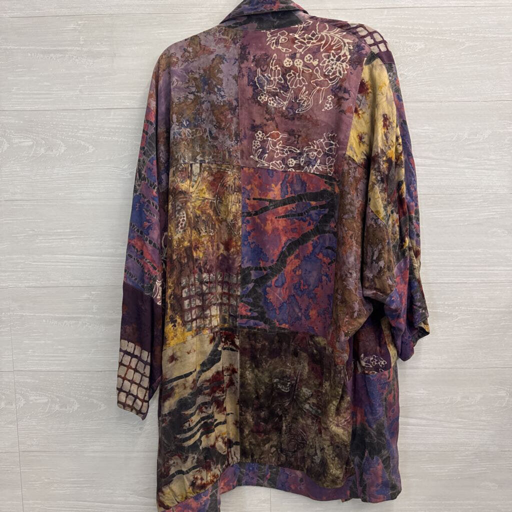 Exotic Purple/ Multi Print Long Sleeve Open Front Top One Size