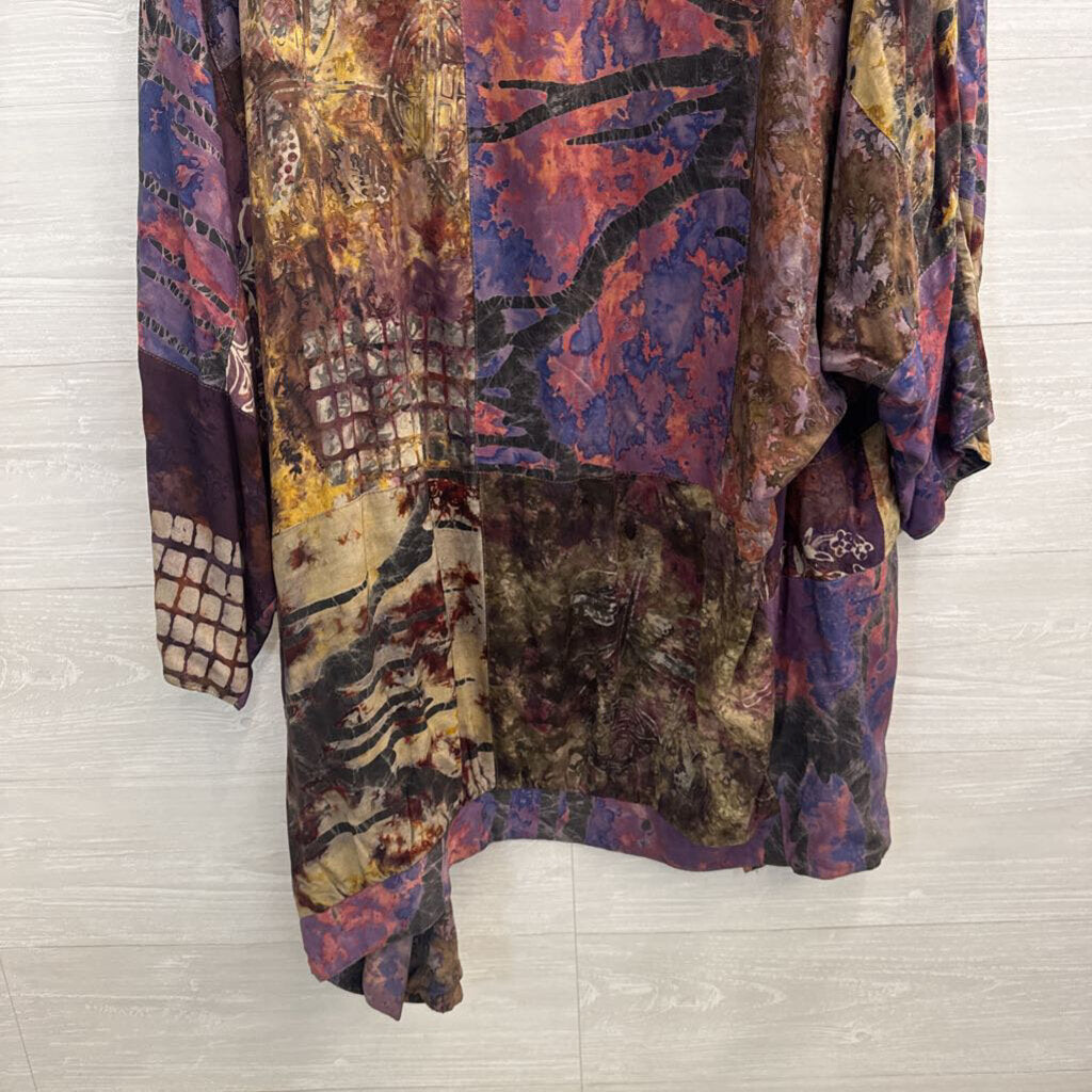Exotic Purple/ Multi Print Long Sleeve Open Front Top One Size