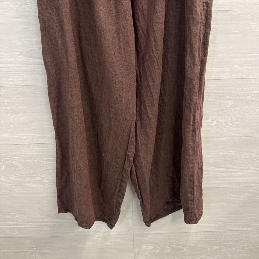 Flax Brown 100% Linen Wide Leg Pull On Pants Large