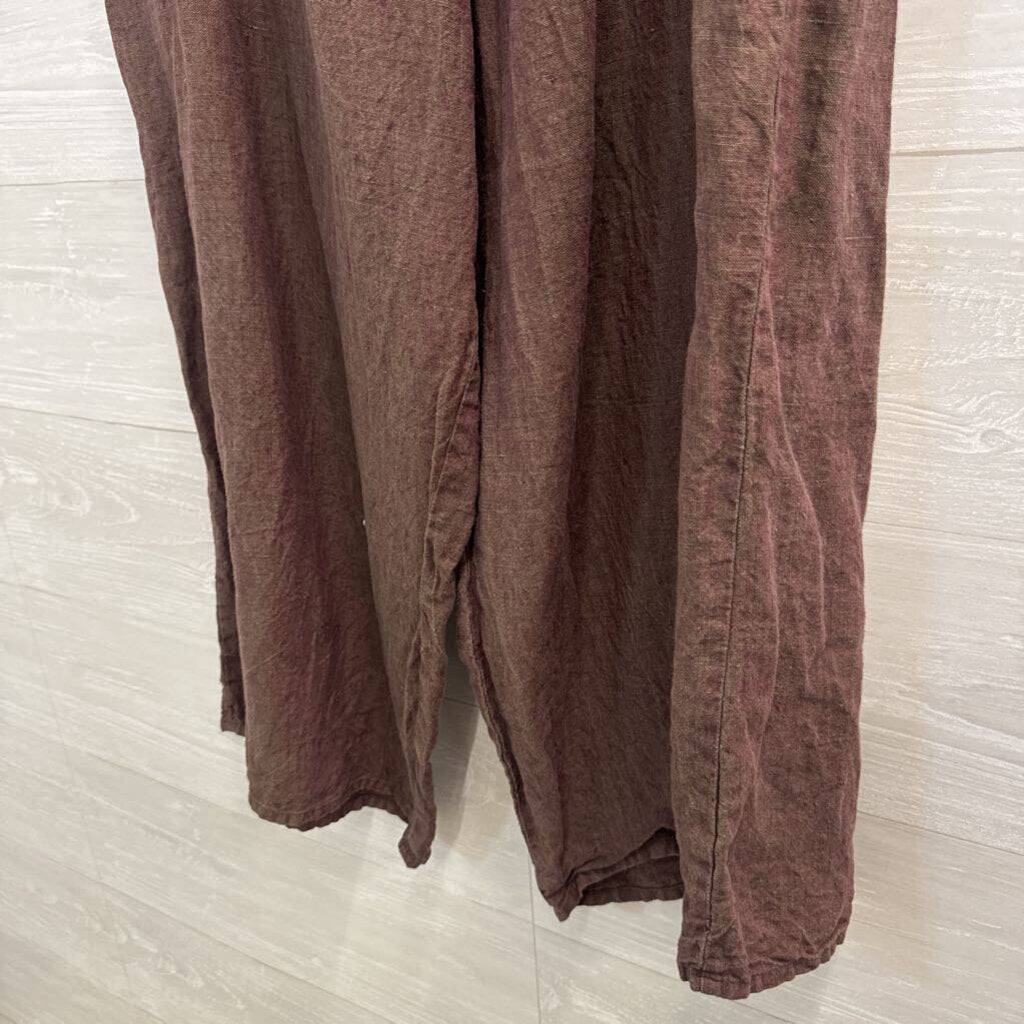 Flax Brown 100% Linen Wide Leg Pull On Pants Large