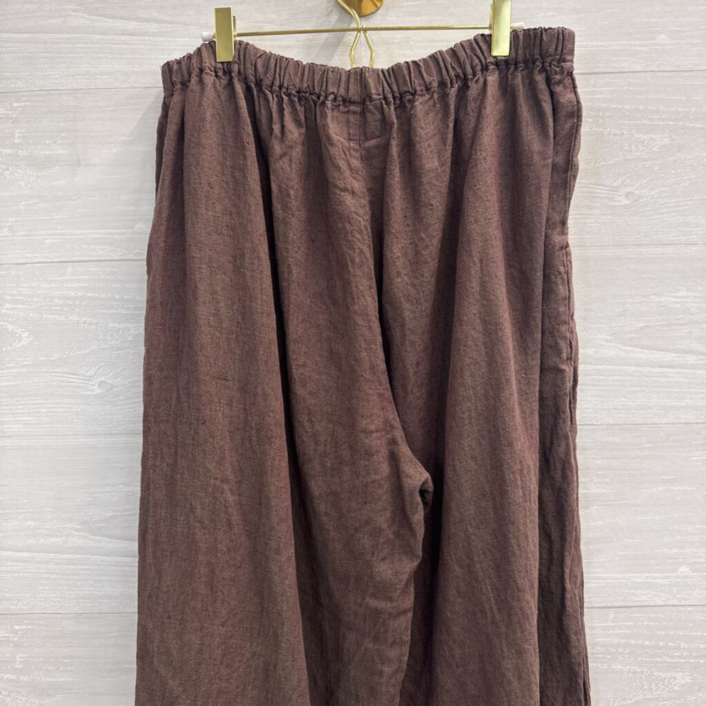 Flax Brown 100% Linen Wide Leg Pull On Pants Large