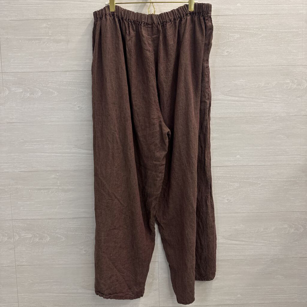 Flax Brown 100% Linen Wide Leg Pull On Pants Large