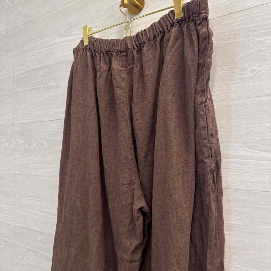 Flax Brown 100% Linen Wide Leg Pull On Pants Large