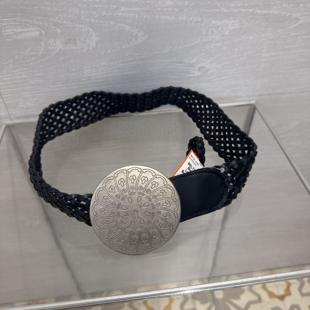 Black Woven Leather Silver Buckle Belt Small